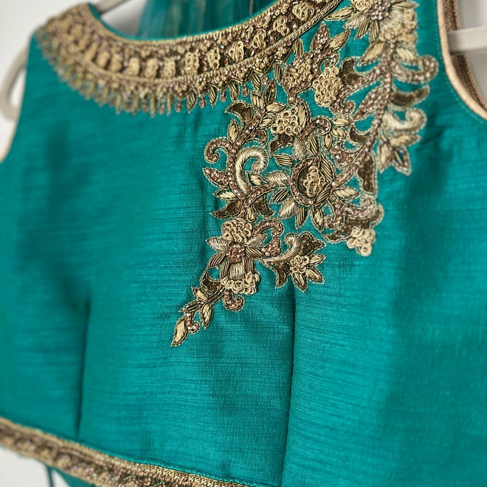 Teal and Gold Embroidered Blouse and Skirt set